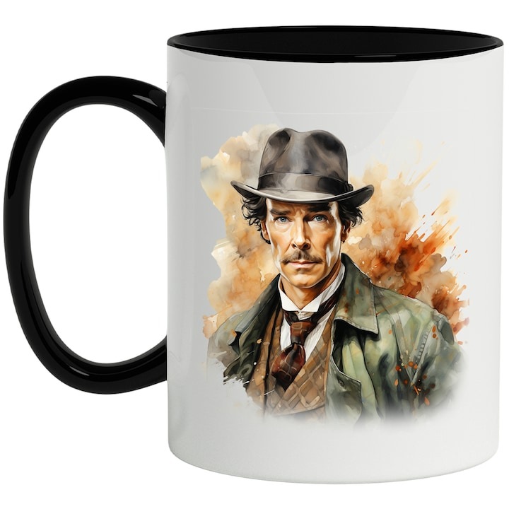 Cana alba personalizata, Sherlock Holmes, Serial TV Britanic, Personaj, cu Maner Negru, INOVATIX®. 330ml