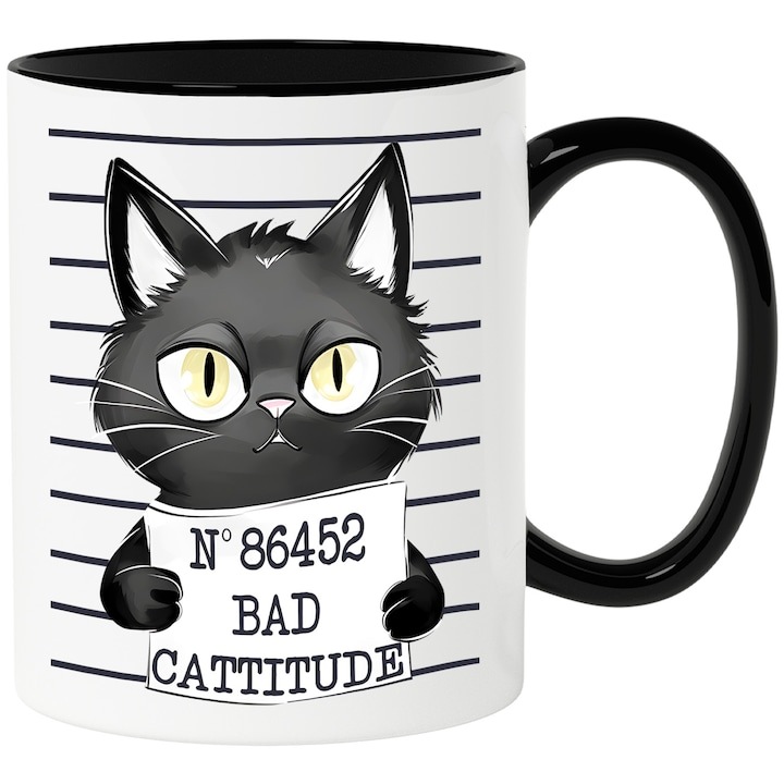 Cana alba personalizata, neagra la puscarie NO 86452 - Bad Cattitude, comportament inadecvat, atitudine, rea, ilustratie cu Maner Negru, INOVATIX®. 330ml