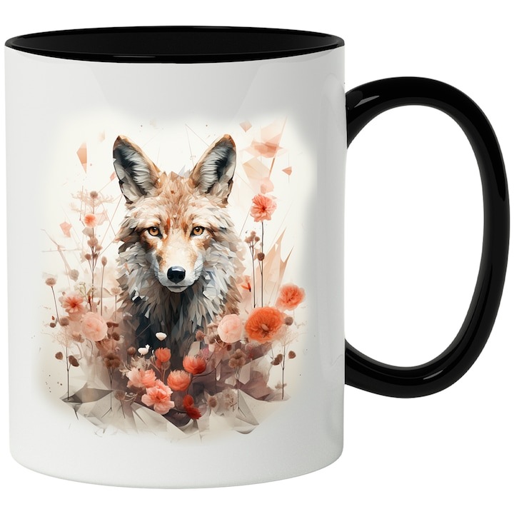 Cana alba personalizata, Vulpe, Flori, Mac, Trandafiri, Frunze, Ilustratie, cu Maner Negru, INOVATIX®. 330ml