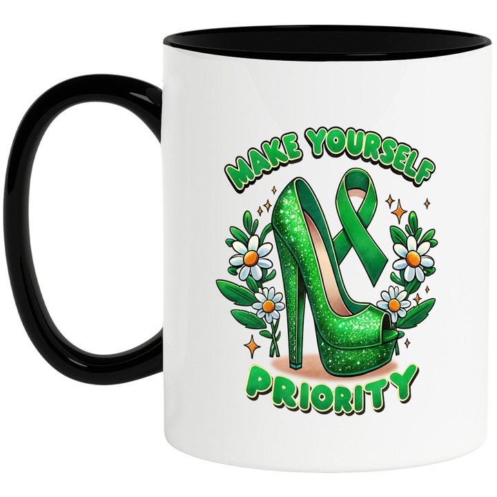 Cana alba personalizata, Make yourself priority, stilul hippie, cultura, ilustratie, psihedelic, pantof de femeie cu toc, flori, prioritate cu Maner Negru, INOVATIX®. 330ml