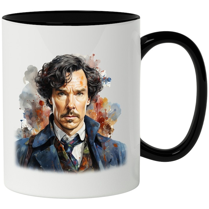 Cana alba personalizata, Sherlock Holmes, Personaj Faimos, Iubitori De Seriale, cu Maner Negru, INOVATIX®. 330ml