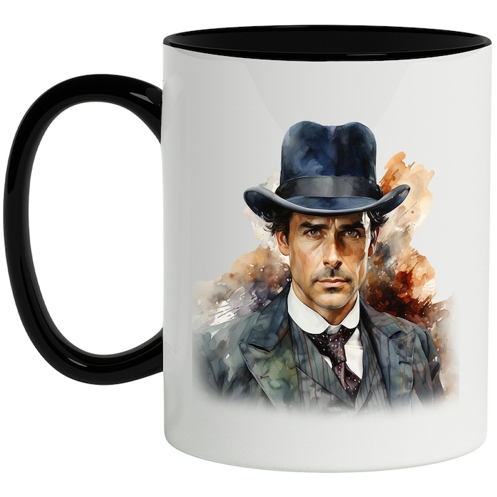 Cana alba personalizata, Sherlock Holmes, Detectiv Particular, Serial TV, cu Maner Negru, INOVATIX®. 330ml