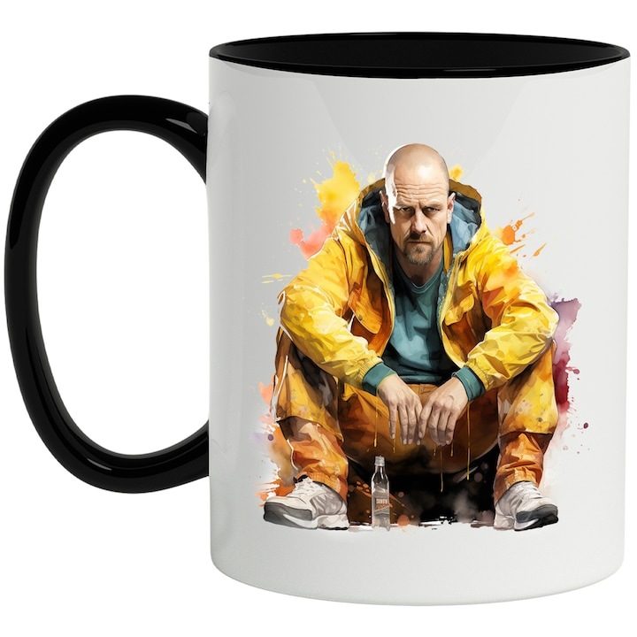 Cana alba personalizata, Walter White, Breaking Bad, Serial TV, Personaj, cu Maner Negru, INOVATIX®. 330ml