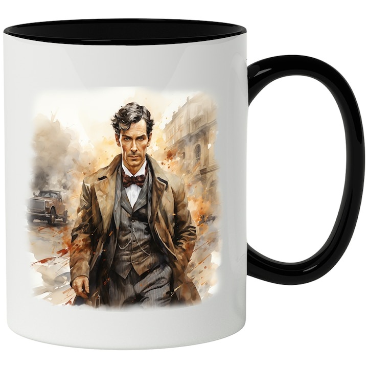 Cana alba personalizata, Sherlock Holmes, BBC, Serial Politist, Personaj, cu Maner Negru, INOVATIX®. 330ml
