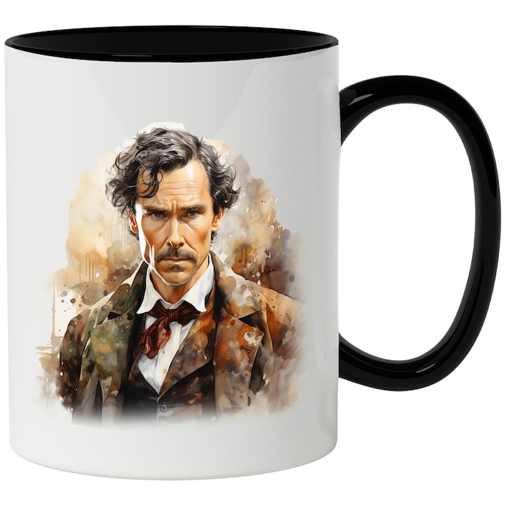 Cana alba personalizata, Sherlock Holmes, Personaj Fictiv, Detectiv, Filme, cu Maner Negru, INOVATIX®. 330ml