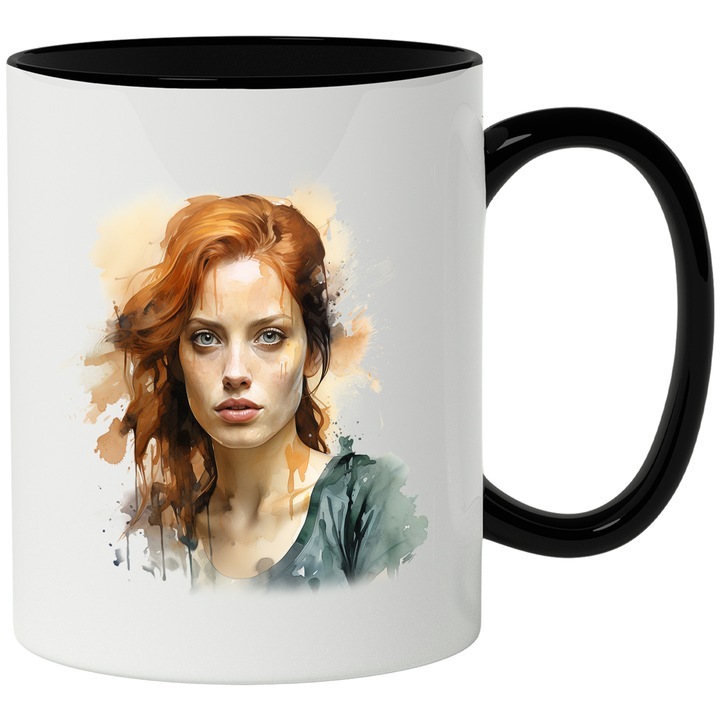 Cana alba personalizata, Sophie Turner, Actrita Celebra, Seriale TV, cu Maner Negru, INOVATIX®. 330ml