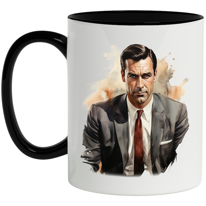 Cana alba personalizata, Personaj, Don Draper, Mad Men, Serial TV, Costum, cu Maner Negru, INOVATIX®. 330ml