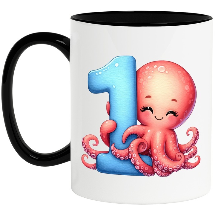 Személyre szabott fehér bögre, polip 1-es számmal, illusztráció, gyerekeknek, iskolásoknak, diákoknak, első osztályosoknak, tanulásra fekete nyéllel, INOVATIX®. 330ml