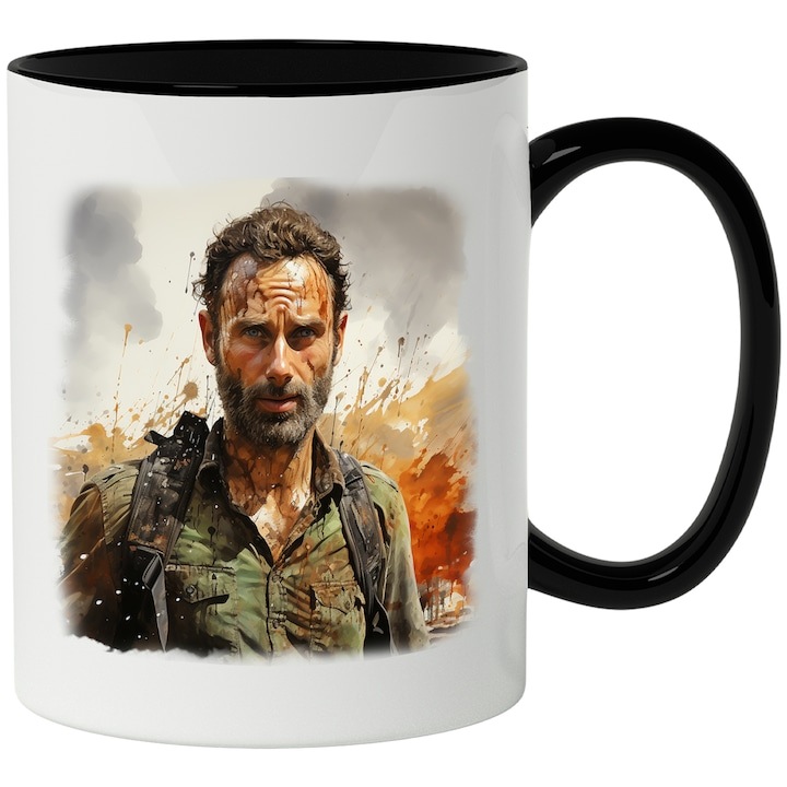 Cana alba personalizata, Rick Grimes, The Walking Dead, Serif, Serial, cu Maner Negru, INOVATIX®. 330ml
