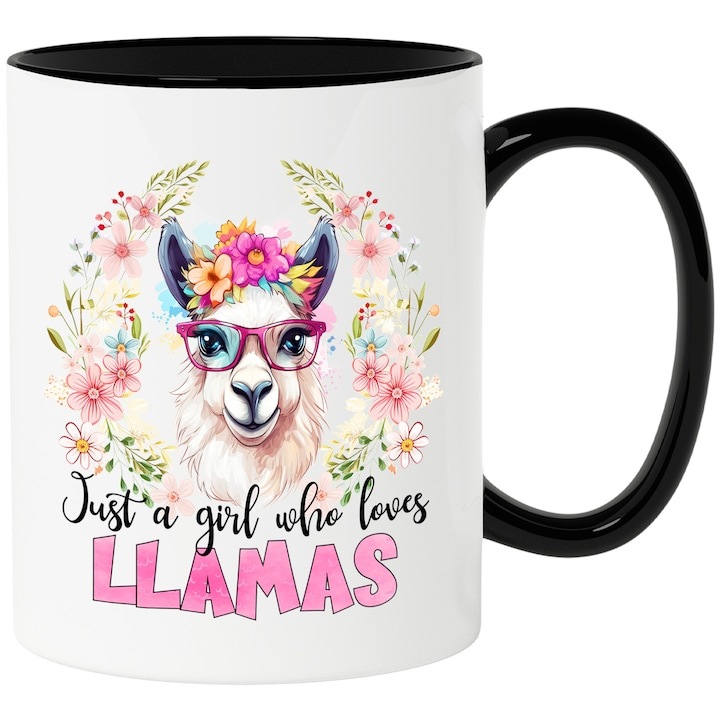 Cana alba personalizata, lama cu ochelari si cu flori in cap Just a girl who loves Llamas, adorare, admirare, flori divers colorate, animal, ilustratie, iubitori de lama cu Maner Negru, INOVATIX®. 330ml