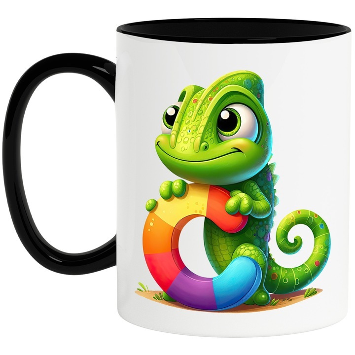 Személyre szabott fehér bögre, kaméleon C betűvel, illusztráció, gyerekeknek, iskolásoknak, diákoknak, első osztályosoknak, álcázó mintával, fekete fogantyúval, INOVATIX®. 330ml