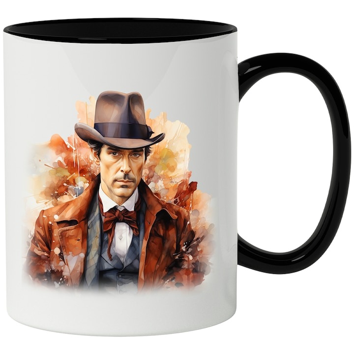 Cana alba personalizata, Benedict Cumberbatch, Sherlock Holmes, cu Maner Negru, INOVATIX®. 330ml