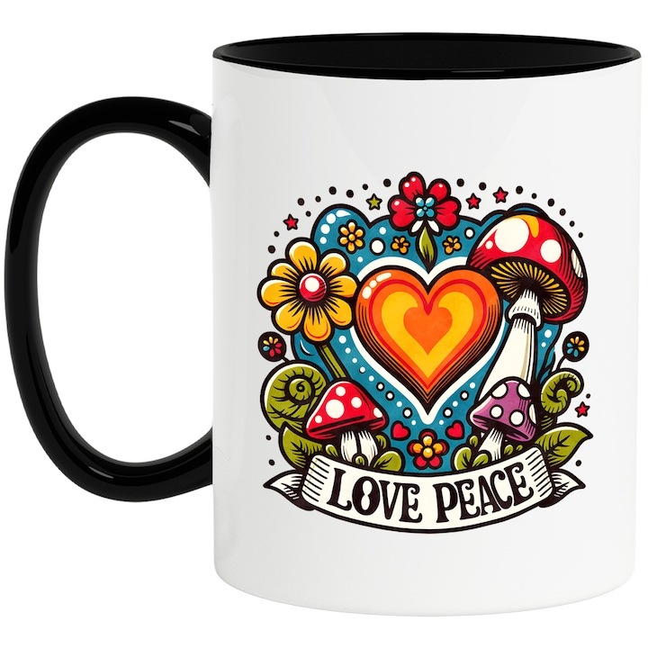 Cana alba personalizata, Love peace, stilul hippie, cultura, ilustratie, psihedelic, iubeste pacea, flori, ciuperci, inima cu Maner Negru, INOVATIX®. 330ml