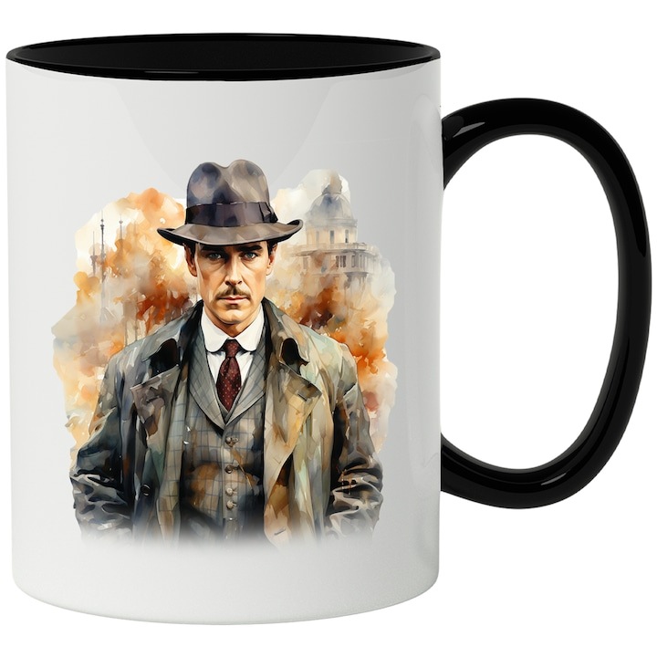 Cana alba personalizata, Sherlock Holmes, Personaj, Detectiv, Serial, cu Maner Negru, INOVATIX®. 330ml
