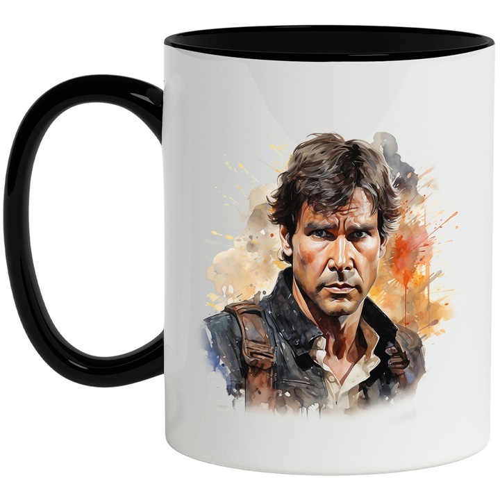 Cana alba personalizata, Han Solo, Personaj Fictiv, SF, Filme, Star Wars, cu Maner Negru, INOVATIX®. 330ml