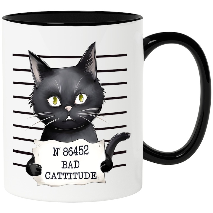 Cana alba personalizata, neagra in inchisoare NO 86452 - Bad cattitude, atitudine rea, comportament inadecvat, ilustratie cu Maner Negru, INOVATIX®. 330ml