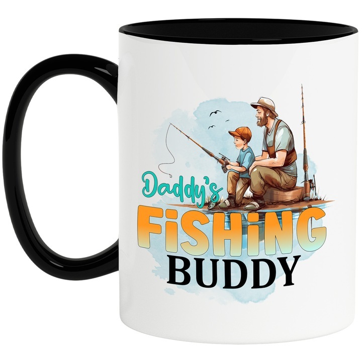 Cana alba personalizata, un tata cu fiul sau la pescuit Daddy's fishing buddy, ilustratie, pescuit, amic, undite, pasiune, invatare, pasari, apa cu Maner Negru, INOVATIX®. 330ml