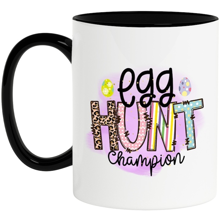Cana alba personalizata, Egg hunt champion, campion la vanatoarea de oua, Paste fericit, ilustratie, sarbatori pascale, vopsite, fundal mov cu Maner Negru, INOVATIX®. 330ml