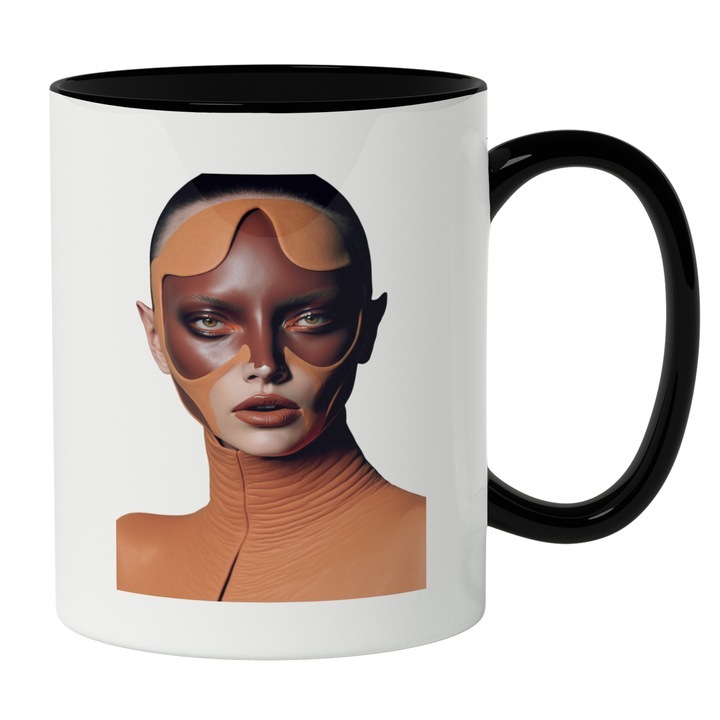 Cana alba personalizata, Portret Femeie Contur Maro Ochelarii Soare, Haina Crem Cu Guler inalt, Iubitorii De Make Up, INOVATIX®. 330ml