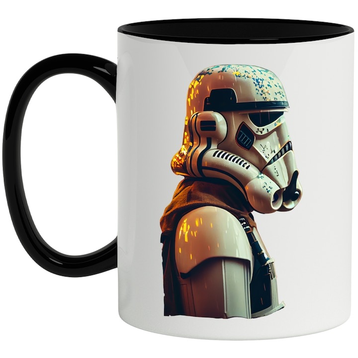 Cana alba personalizata, StormTrooper, Soldat, Confetti, Star Wars, cu Maner Negru, INOVATIX®. 330ml
