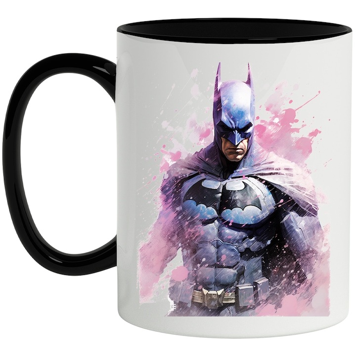 Cana alba personalizata, Batman, Masca, DC, Pelerina, Supererou, Ilustratie, cu Maner Negru, INOVATIX®. 330ml
