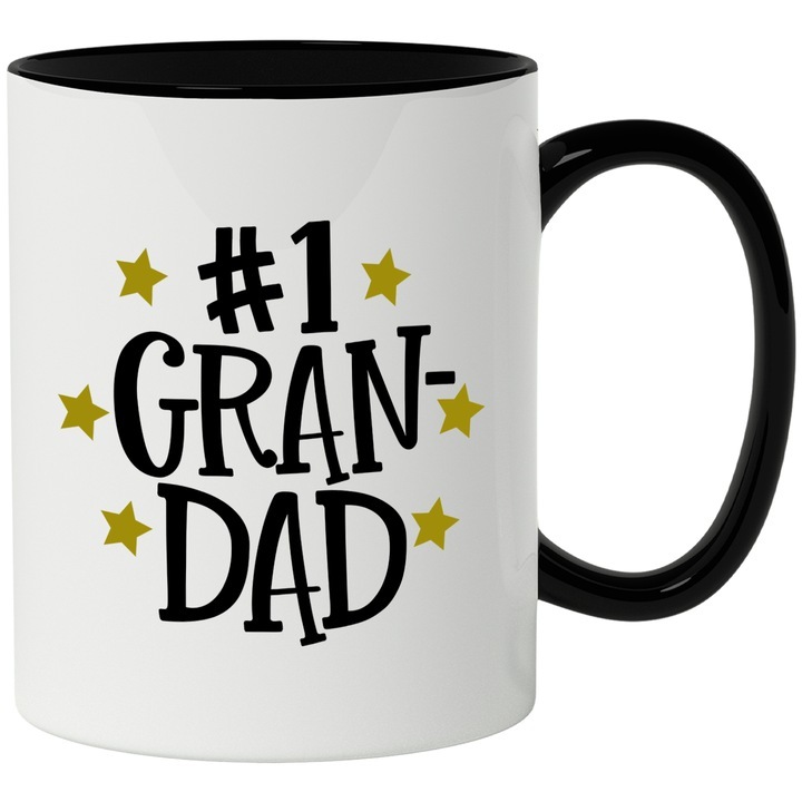 Персонализирана бяла чаша, Послание на английски #1 Дядо, Дядо номер 1, Семейство, Внуци, Звезди, с черна дръжка, INOVATIX®. 330 мл