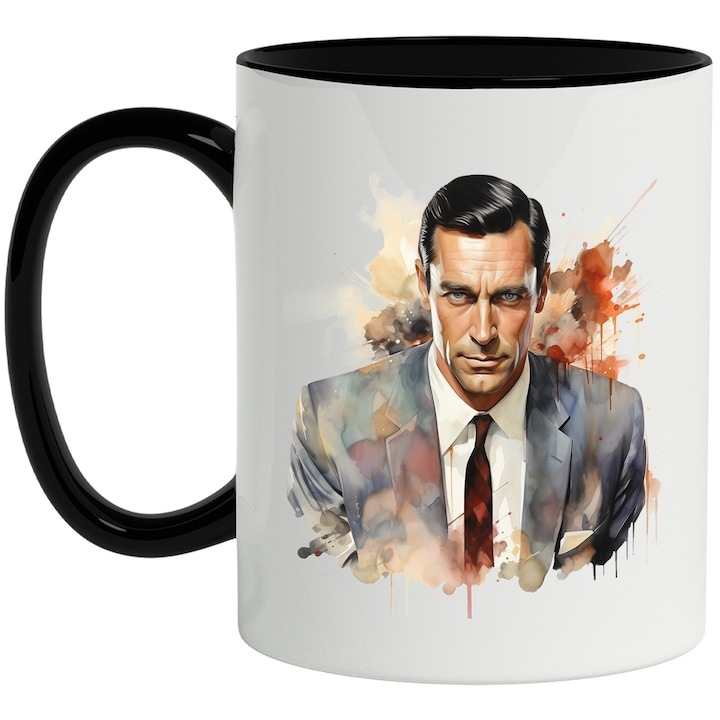 Cana alba personalizata, Personaj, Don Draper, Mad Men, Serial TV, Drama, cu Maner Negru, INOVATIX®. 330ml