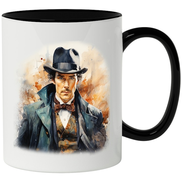 Cana alba personalizata, Sherlock Holmes, Personaj Faimos, Serial Englez, cu Maner Negru, INOVATIX®. 330ml