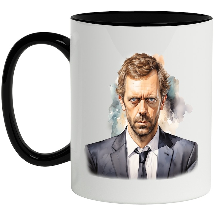 Cana alba personalizata, Doctor House, Serial TV, Personaj, Costum, Medicina, cu Maner Negru, INOVATIX®. 330ml