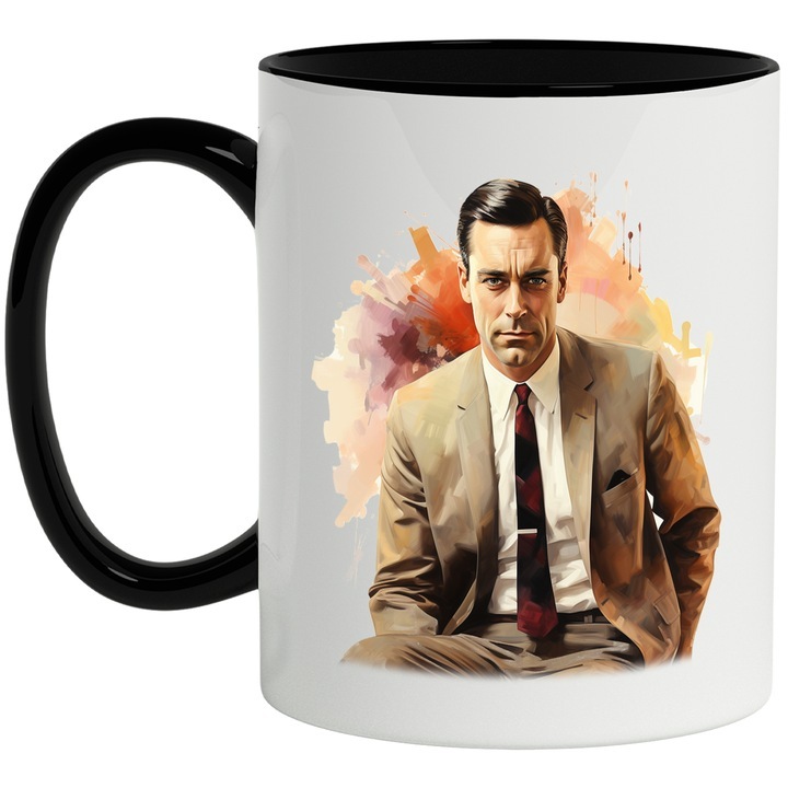 Cana alba personalizata, Don Draper, Mad Men, Serial, Personaj, Costum, cu Maner Negru, INOVATIX®. 330ml