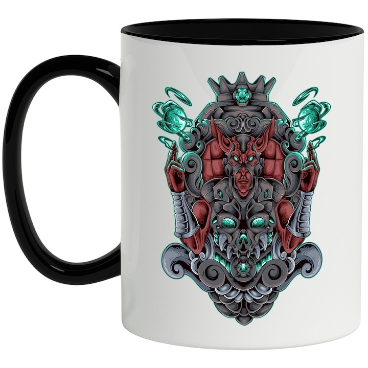 Cana alba personalizata, Demon, Monstru, Planete, Fantasy, Armura, cu Maner Negru, INOVATIX®. 330ml