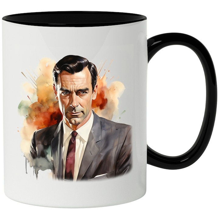 Cana alba personalizata, Don Draper, Mad Men, Serial TV, American, cu Maner Negru, INOVATIX®. 330ml