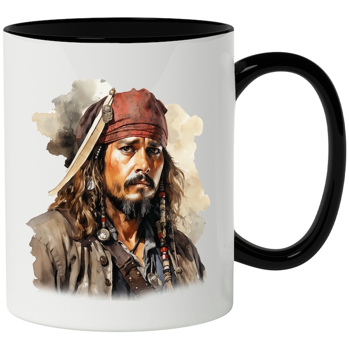 Személyre szabott fehér bögre, Jack Sparrow, Karib-tenger kalózai, Johny Depp, fekete füllel, INOVATIX®. 330ml
