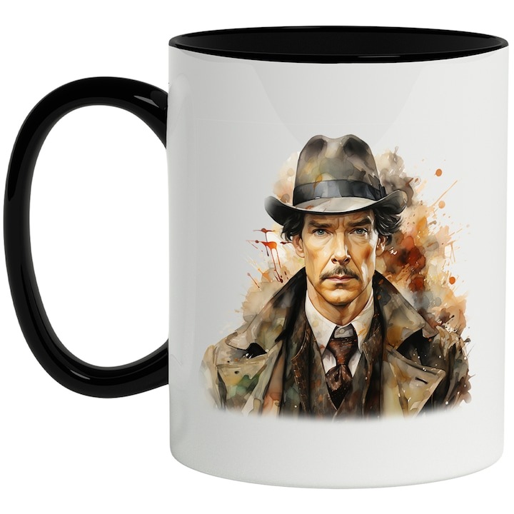Cana alba personalizata, Benedict Cumberbatch, Sherlock Holmes, Filme, cu Maner Negru, INOVATIX®. 330ml