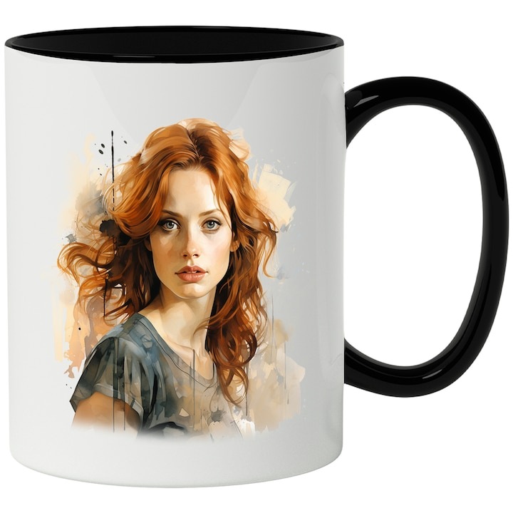 Cana alba personalizata, Sophie Turner, Actrita, Seriale TV, Vedeta, cu Maner Negru, INOVATIX®. 330ml