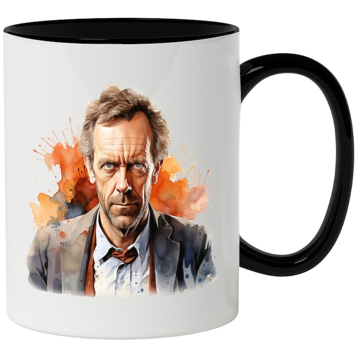 Cana alba personalizata, Doctor House, Serial TV, Personaj, Medicina, cu Maner Negru, INOVATIX®. 330ml