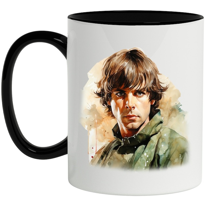 Cana alba personalizata, Luke Skywalker, Star Wars, Personaj Fictiv, cu Maner Negru, INOVATIX®. 330ml