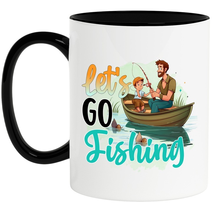 Cana alba personalizata, un tata cu fiul sau la pescuit Let's go fishing, hai la pescuit, ilustratie, bucurie, pasiune, lectie, pesti, apa, barca cu Maner Negru, INOVATIX®. 330ml