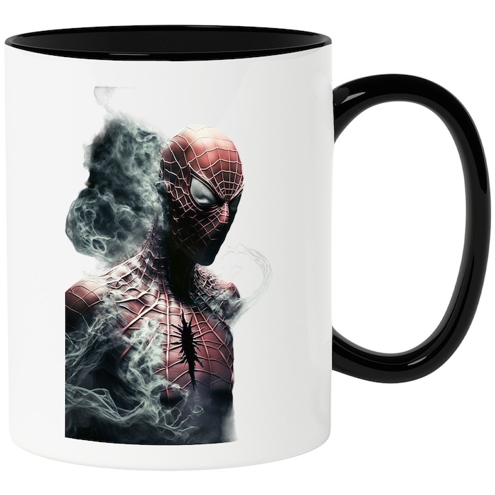 Cana alba personalizata, Portret Supererou Realist, Barbat in Custom de Spiderman, Fum Negru, Marvel, Iubitori de Supereroi, cu Maner Negru, INOVATIX®. 330ml