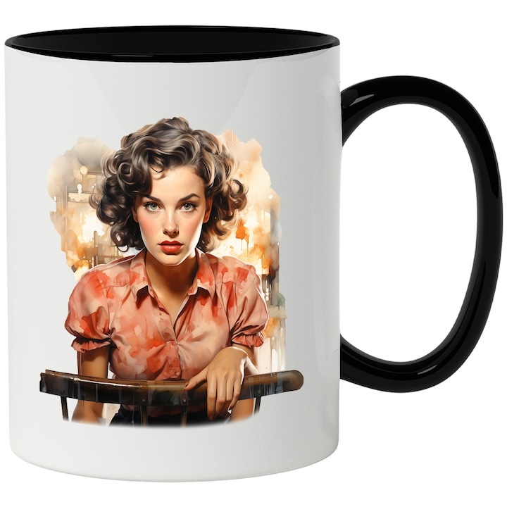 Cana alba personalizata, Michelle Monaghan, Actrita, Filme, Vedeta, cu Maner Negru, INOVATIX®. 330ml