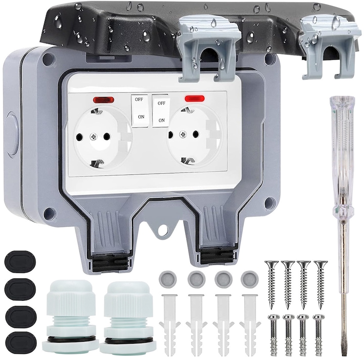 Priza dubla exterior, Model Standard European, 250V/16A, IP66, rezistenta la apa si praf, gri cu intrerupatoare individuale
