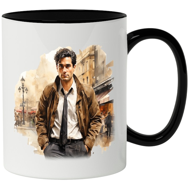 Cana alba personalizata, Jim Halpert, The Office, Personaj, Serial TV, cu Maner Negru, INOVATIX®. 330ml