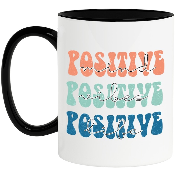 Cana alba personalizata, Positive mind, vibes, life, ilustratie, motivational, pozitiva, minte, viata, simti, emotii, sentimente cu Maner Negru, INOVATIX®. 330ml