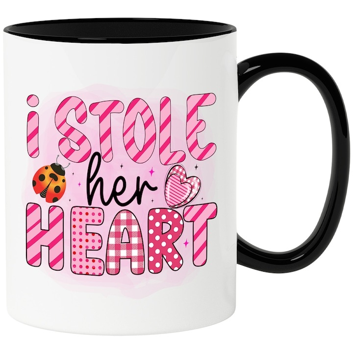 Cana alba personalizata, buburuza si cu inima I stole her heart, a luat inima, furat, Valentine's Day, ilustratie, iubire, indragostit, afectiune, inima ei cu Maner Negru, INOVATIX®. 330ml
