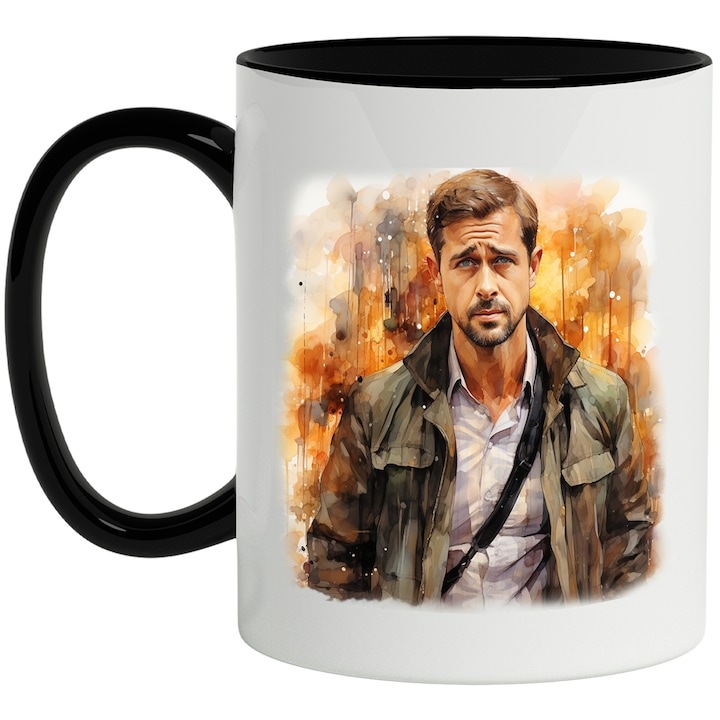 Cana alba personalizata, Jake Gyllenhaal, Actor, Film, Serial, Vedeta, cu Maner Negru, INOVATIX®. 330ml