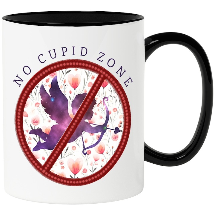 Cana alba personalizata, No Cupid Zone, ingerasul Cupidon, semn de stop/interzis, floricele, inimioare, Valentine's Day, ilustratie, zona fara iubire cu Maner Negru, INOVATIX®. 330ml