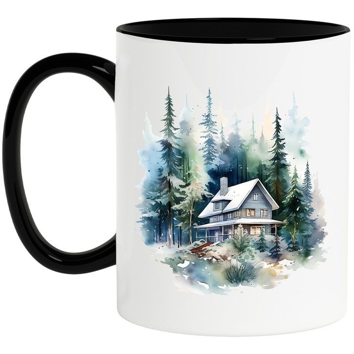 Cana alba personalizata, o casa in mijlocul padurii, ilustratie, peisaj, brazi, natura, loc retras, aer curat, verdeata cu Maner Negru, INOVATIX®. 330ml