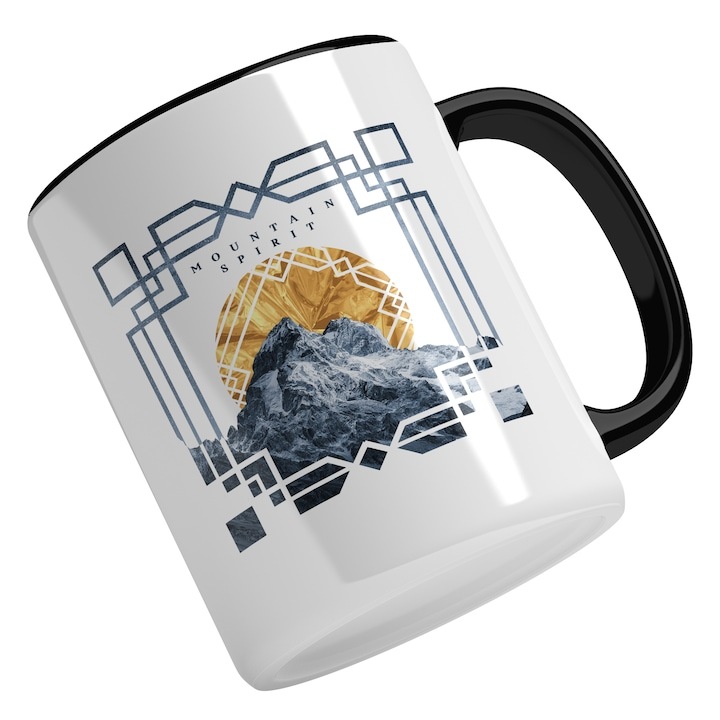 Cana alba personalizata, In Engleza Mountain Spirit, Apus De Soare, Stanci Inalte, Munte, Aventura, Camping, Maner Negru, INOVATIX®. 330ml