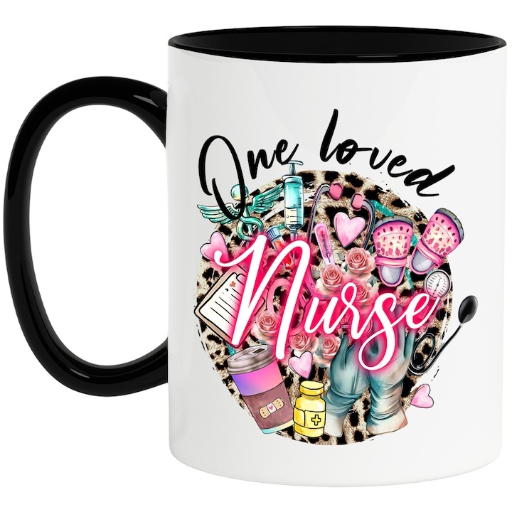 Cana alba personalizata, One loved nurse, profesie, ilustratie, munca, dedicare, pasiune, o asistenta iubita, grija, pastile cu Maner Negru, INOVATIX®. 330ml