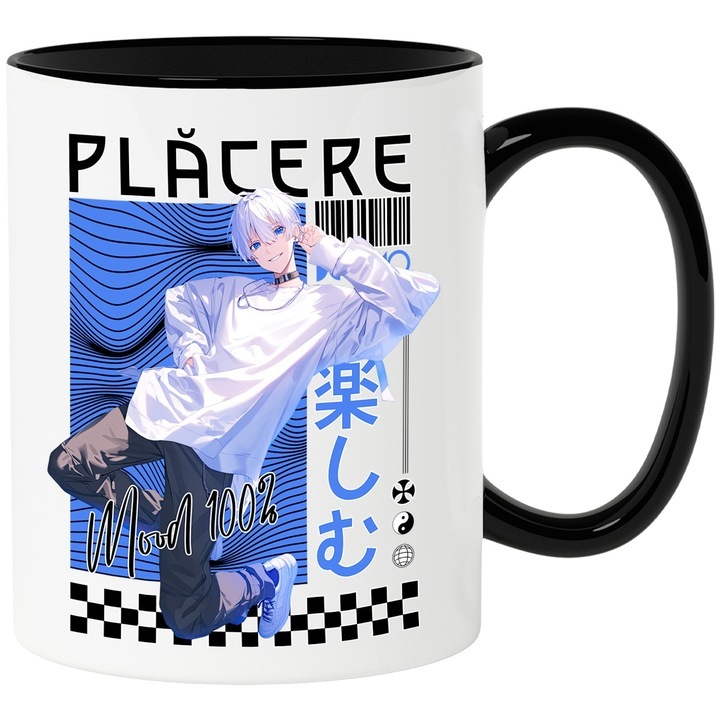 Cana alba personalizata, Placere mod 100% fata stil anime desene animate, cu Maner Negru, INOVATIX®. 330ml